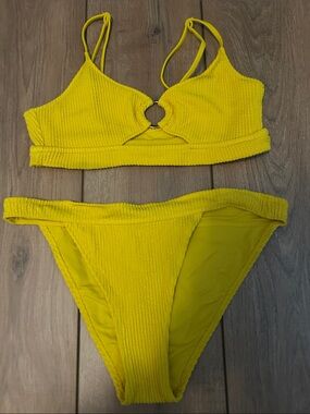 aerie Bright Yellow Textured Ring-Front Bikini Set